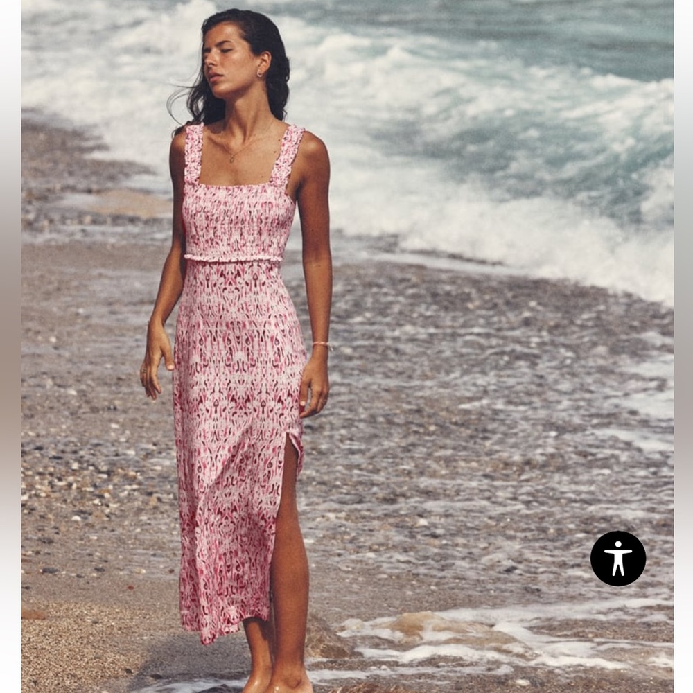 Zara Pink/Purple Printed Linen Blend Midi Dress